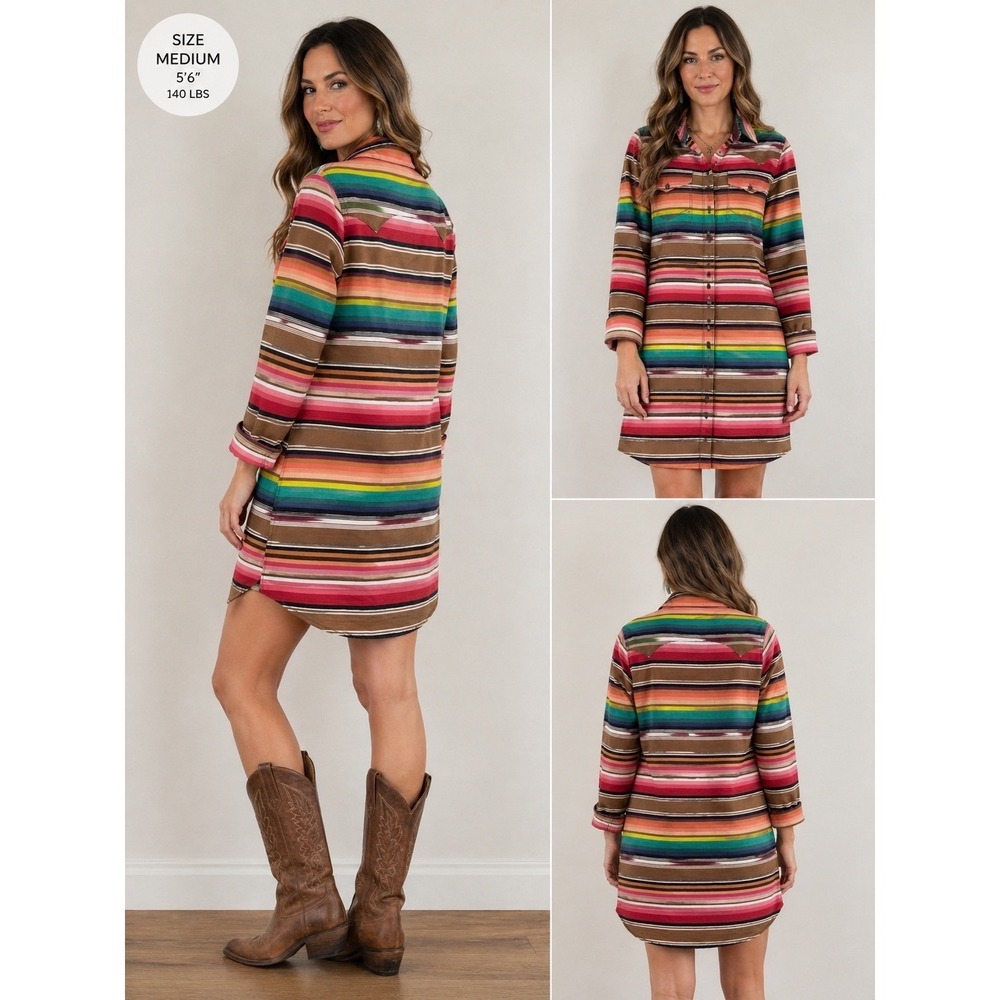 Tasha Polizzi Serape Stripe Western Shirt Dress Tunic Medium Colt 44 Cotton